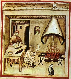 Spit-roasting under conical 'fireplace' canopy
